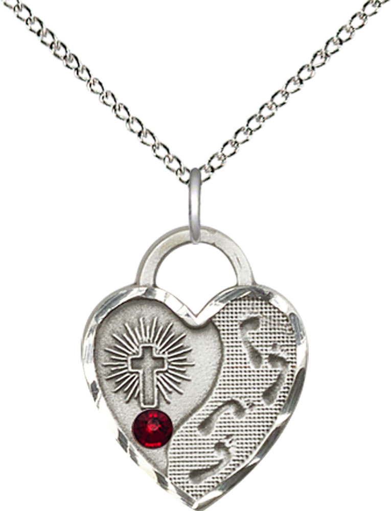 Sterling Silver Footprints Heart Pendant with a 3mm Garnet Swarovski stone on a 18 inch Sterling Silver Light Curb chain