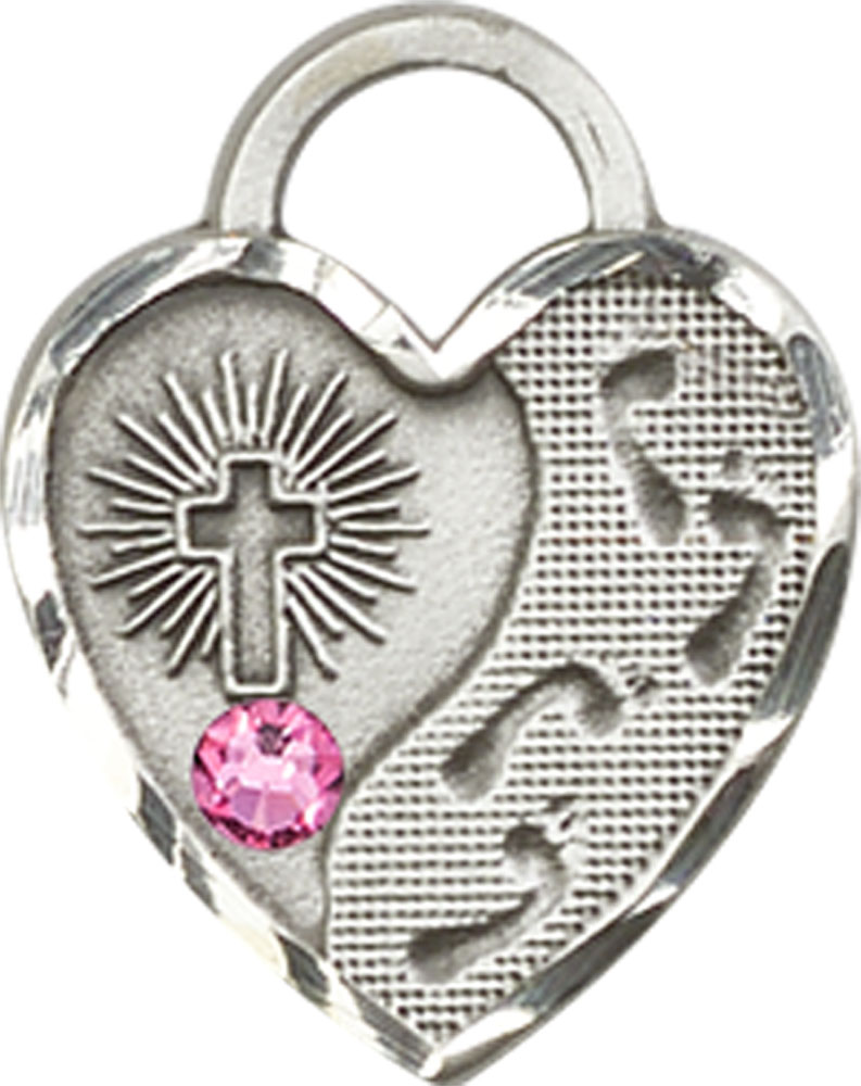 Sterling Silver Footprints Heart Medal with a 3mm Rose Swarovski stone