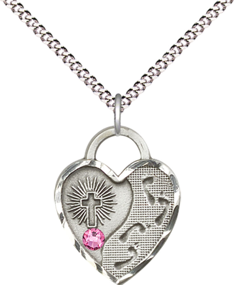 Sterling Silver Footprints Heart Pendant with a 3mm Rose Swarovski stone on a 18 inch Light Rhodium Light Curb chain