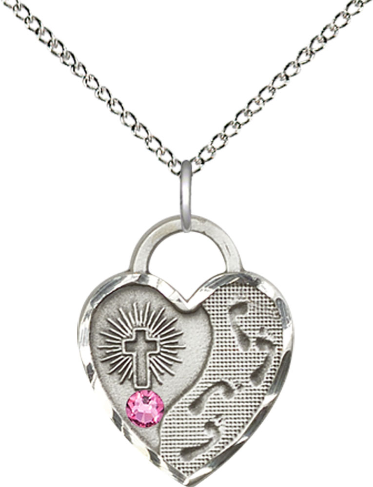 Sterling Silver Footprints Heart Pendant with a 3mm Rose Swarovski stone on a 18 inch Sterling Silver Light Curb chain