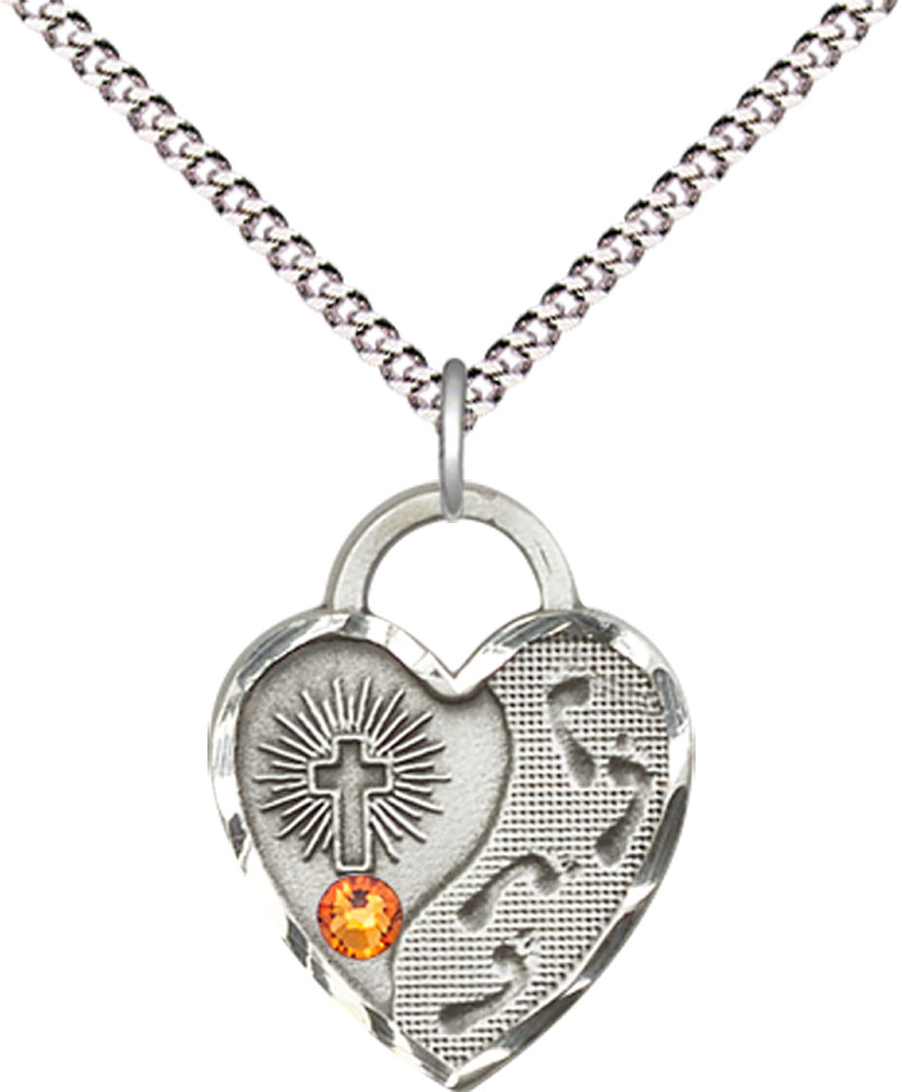 Sterling Silver Footprints Heart Pendant with a 3mm Topaz Swarovski stone on a 18 inch Light Rhodium Light Curb chain