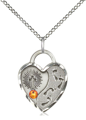 Sterling Silver Footprints Heart Pendant with a 3mm Topaz Swarovski stone on a 18 inch Sterling Silver Light Curb chain