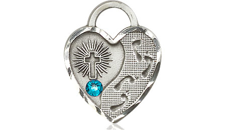 Sterling Silver Footprints Heart Medal with a 3mm Zircon Swarovski stone