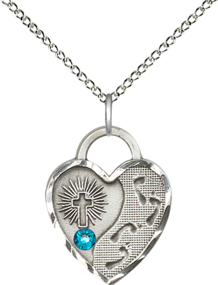 Sterling Silver Footprints Heart Pendant with a 3mm Zircon Swarovski stone on a 18 inch Sterling Silver Light Curb chain