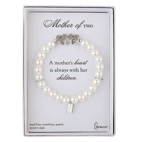 7"L White Mother Of 2 Bracelet - Stretch; Silver Gift Box