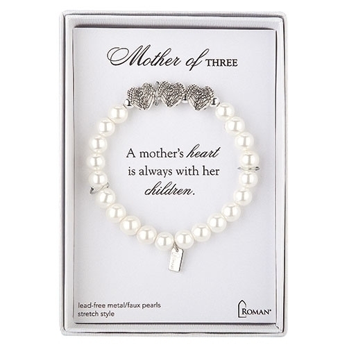 7"L White Mother Of 3 Bracelet - Stretch; Silver Gift Box