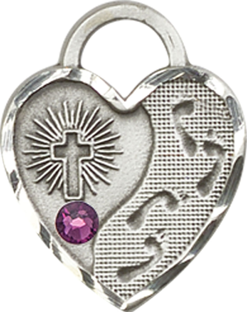 Sterling Silver Footprints Heart Medal with a 3mm Amethyst Swarovski stone