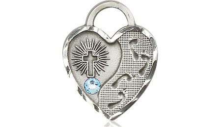 Sterling Silver Footprints Heart Medal with a 3mm Aqua Swarovski stone