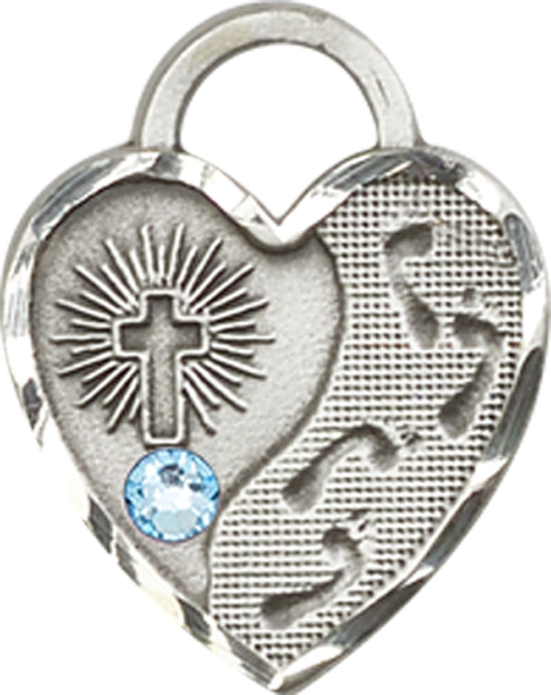 Sterling Silver Footprints Heart Medal with a 3mm Aqua Swarovski stone