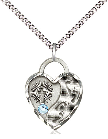 Sterling Silver Footprints Heart Pendant with a 3mm Aqua Swarovski stone on a 18 inch Light Rhodium Light Curb chain