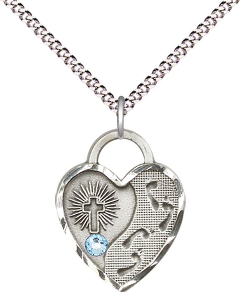 Sterling Silver Footprints Heart Pendant with a 3mm Aqua Swarovski stone on a 18 inch Light Rhodium Light Curb chain