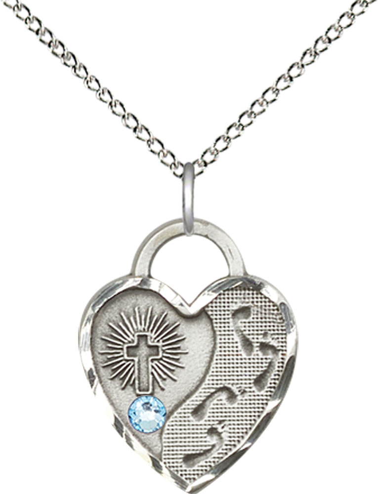 Sterling Silver Footprints Heart Pendant with a 3mm Aqua Swarovski stone on a 18 inch Sterling Silver Light Curb chain