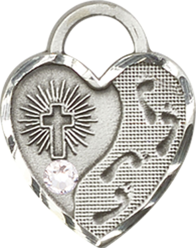 Sterling Silver Footprints Heart Medal with a 3mm Crystal Swarovski stone