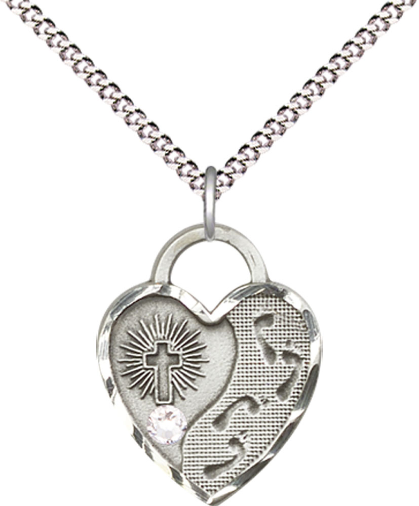 Sterling Silver Footprints Heart Pendant with a 3mm Crystal Swarovski stone on a 18 inch Light Rhodium Light Curb chain