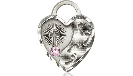 Sterling Silver Footprints Heart Medal with a 3mm Light Amethyst Swarovski stone