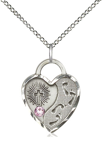 Sterling Silver Footprints Heart Pendant with a 3mm Light Amethyst Swarovski stone on a 18 inch Sterling Silver Light Curb chain