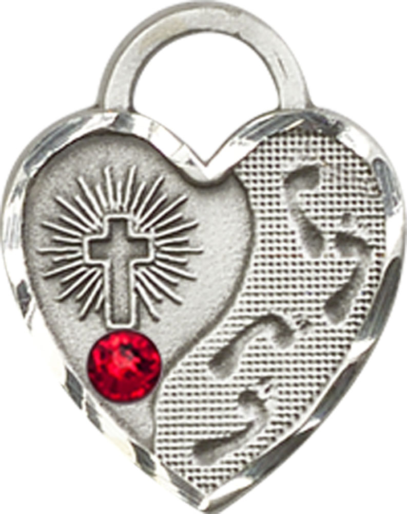 Sterling Silver Footprints Heart Medal with a 3mm Ruby Swarovski stone