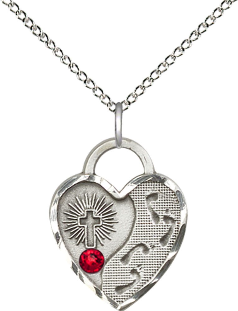 Sterling Silver Footprints Heart Pendant with a 3mm Ruby Swarovski stone on a 18 inch Sterling Silver Light Curb chain