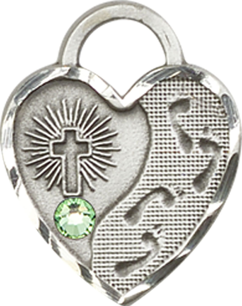Sterling Silver Footprints Heart Medal with a 3mm Peridot Swarovski stone