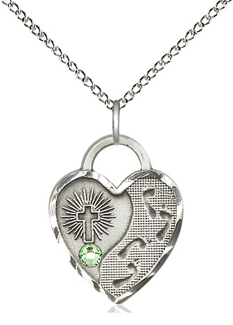 Sterling Silver Footprints Heart Pendant with a 3mm Peridot Swarovski stone on a 18 inch Sterling Silver Light Curb chain
