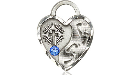 Sterling Silver Footprints Heart Medal with a 3mm Sapphire Swarovski stone