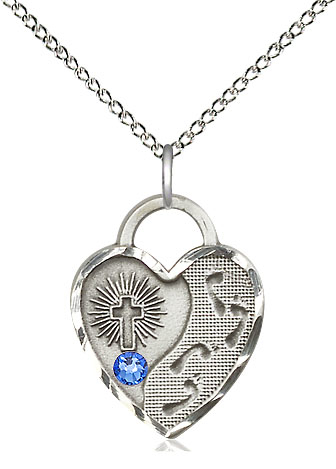 Sterling Silver Footprints Heart Pendant with a 3mm Sapphire Swarovski stone on a 18 inch Sterling Silver Light Curb chain