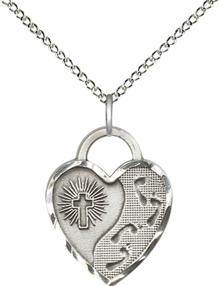 Sterling Silver Footprints Heart Pendant on a 18 inch Sterling Silver Light Curb chain