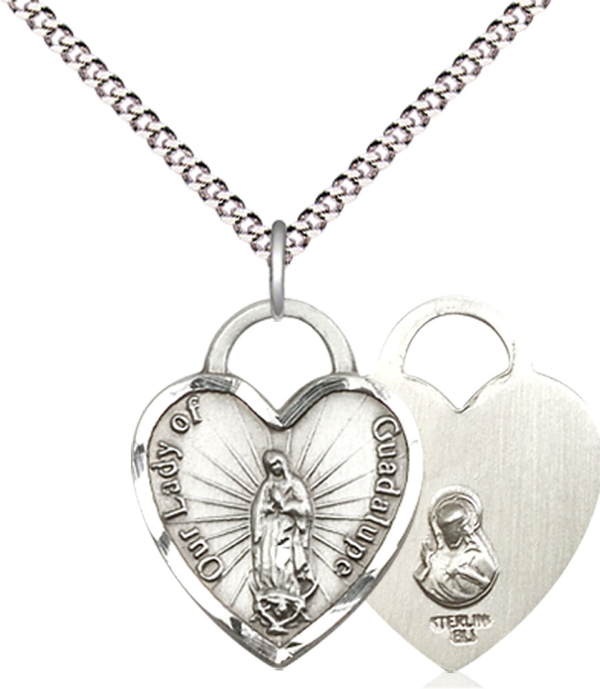 Sterling Silver Our Lady of Guadalupe Heart Pendant on a 18 inch Light Rhodium Light Curb chain