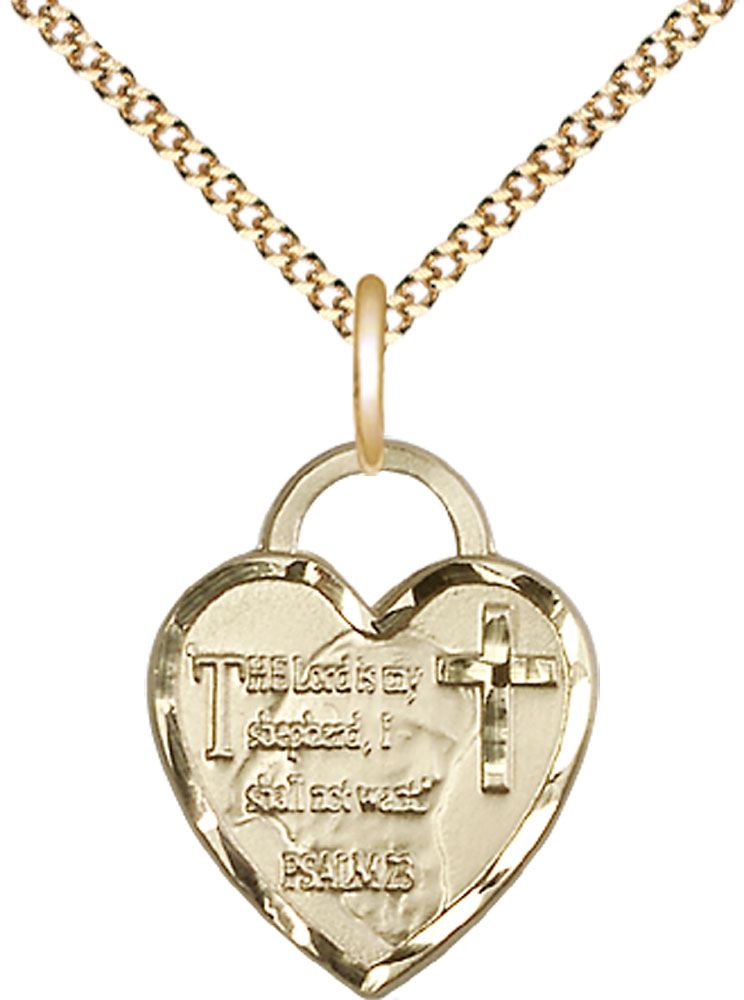 14kt Gold Filled Lord Is My Shepherd Heart Pendant on a 18 inch Gold Plate Light Curb chain