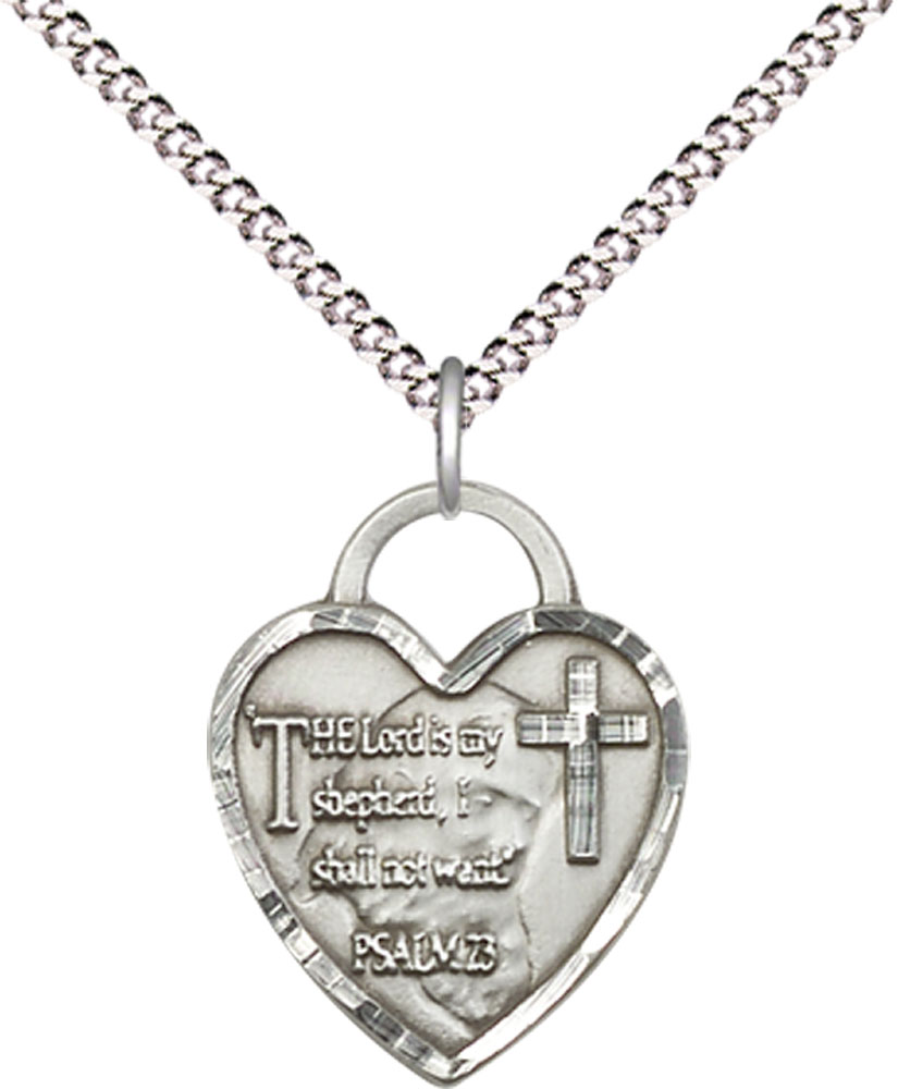 Sterling Silver Lord Is My Shepherd Heart Pendant on a 18 inch Light Rhodium Light Curb chain