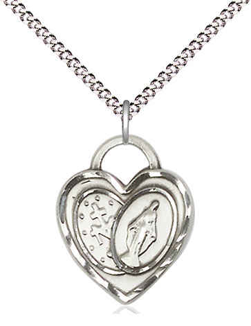Sterling Silver Miraculous Heart Pendant on a 18 inch Light Rhodium Light Curb chain