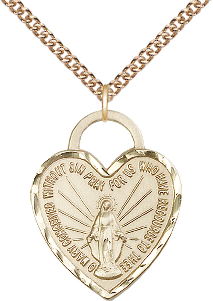 14kt Gold Filled Miraculous Heart Pendant on a 24 inch Gold Filled Heavy Curb chain