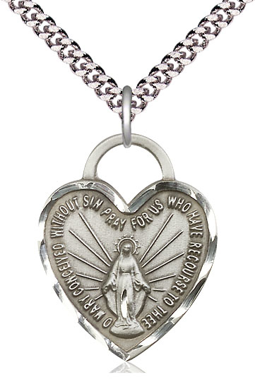 Sterling Silver Miraculous Heart Pendant on a 24 inch Light Rhodium Heavy Curb chain