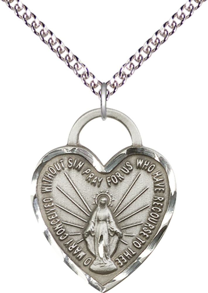 Sterling Silver Miraculous Heart Pendant on a 24 inch Sterling Silver Heavy Curb chain