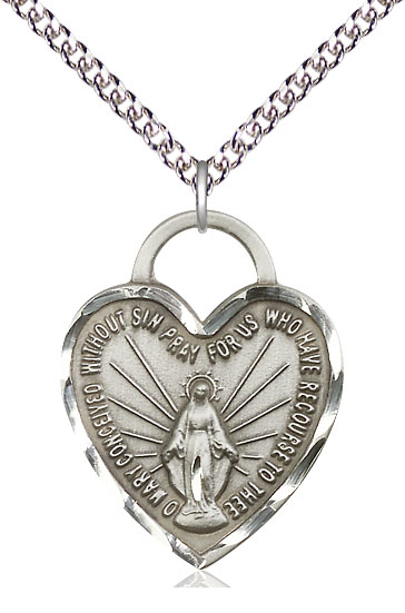 Sterling Silver Miraculous Heart Pendant on a 24 inch Sterling Silver Heavy Curb chain