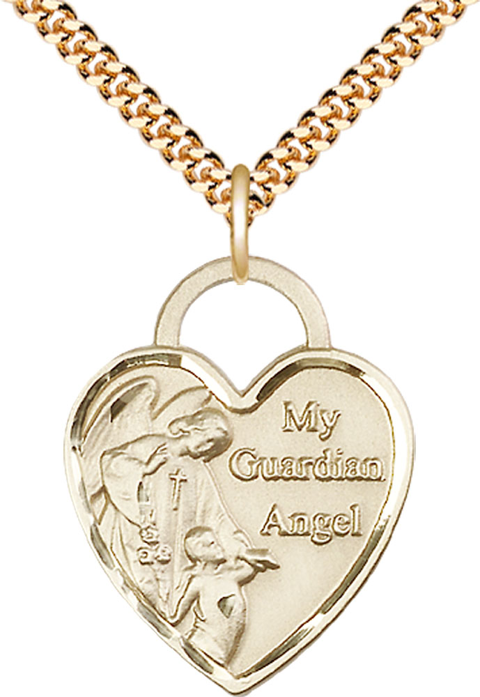 14kt Gold Filled Guardian Angel Heart Pendant on a 24 inch Gold Plate Heavy Curb chain