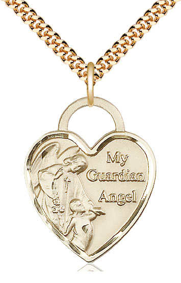14kt Gold Filled Guardian Angel Heart Pendant on a 24 inch Gold Plate Heavy Curb chain