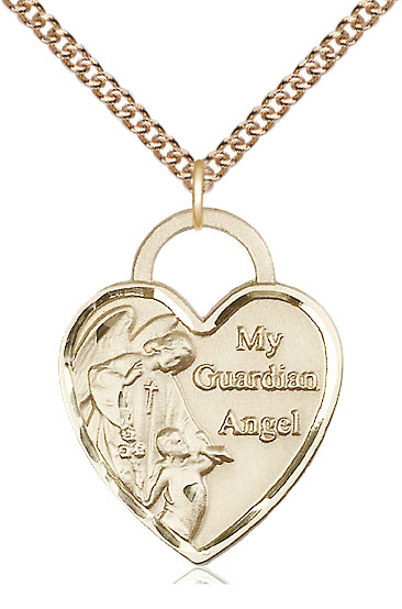 14kt Gold Filled Guardian Angel Heart Pendant on a 24 inch Gold Filled Heavy Curb chain