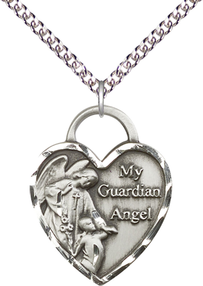 Sterling Silver Guardian Angel Heart Pendant on a 24 inch Sterling Silver Heavy Curb chain