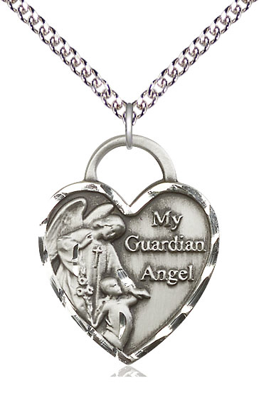 Sterling Silver Guardian Angel Heart Pendant on a 24 inch Sterling Silver Heavy Curb chain