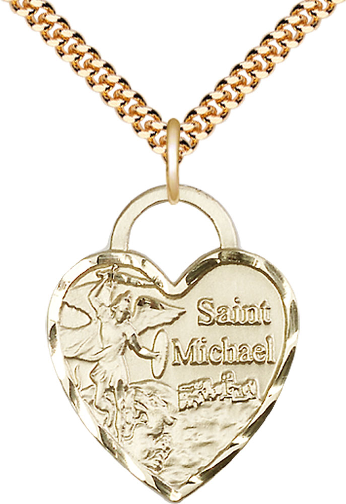 14kt Gold Filled Saint Michael the Archangel Pendant on a 24 inch Gold Plate Heavy Curb chain