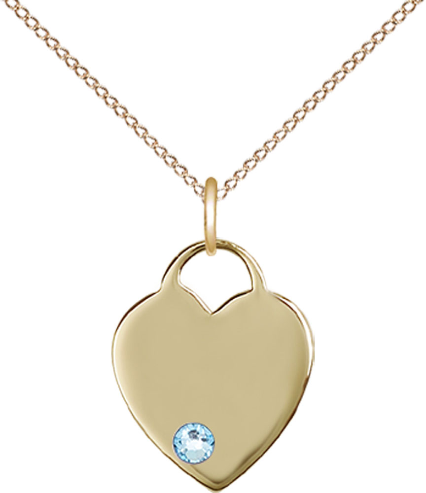 14kt Gold Filled Heart Pendant with a 3mm Aqua Swarovski stone on a 18 inch Gold Filled Light Curb chain