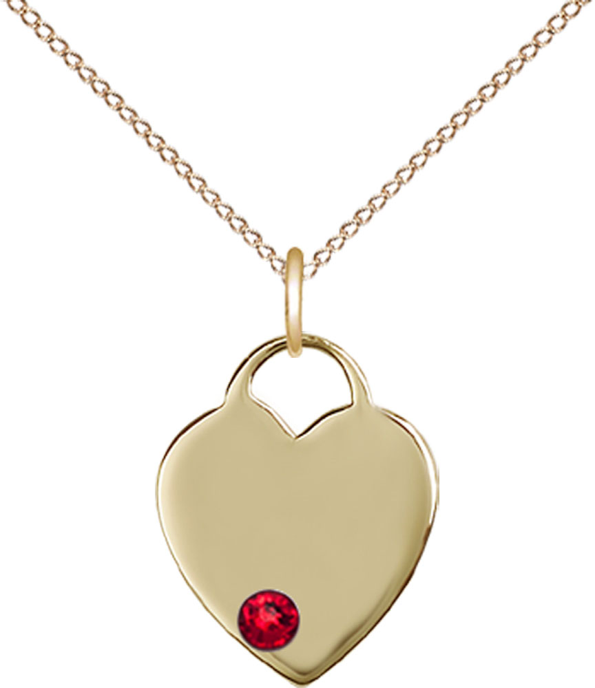 14kt Gold Filled Heart Pendant with a 3mm Ruby Swarovski stone on a 18 inch Gold Filled Light Curb chain