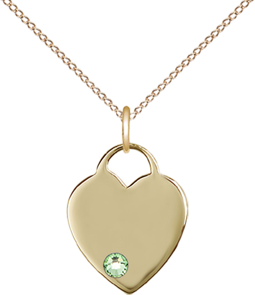 14kt Gold Filled Heart Pendant with a 3mm Peridot Swarovski stone on a 18 inch Gold Filled Light Curb chain