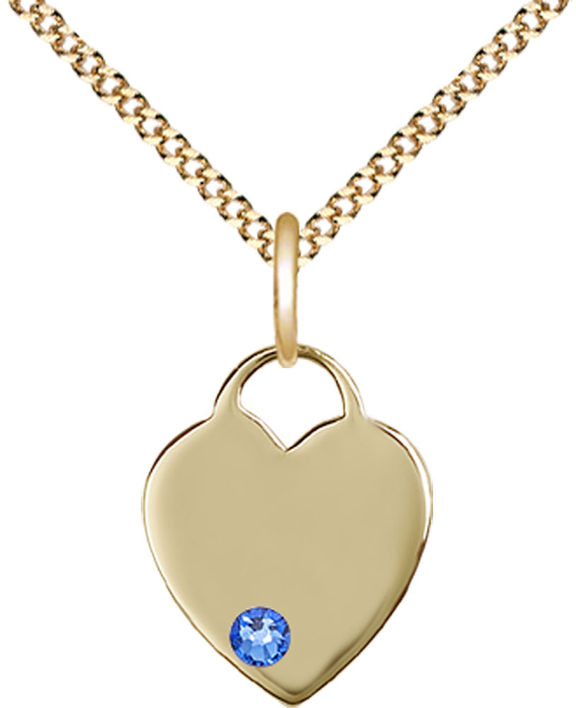 14kt Gold Filled Heart Pendant with a 3mm Sapphire Swarovski stone on a 18 inch Gold Plate Light Curb chain