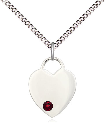 Sterling Silver Heart Pendant with a 3mm Garnet Swarovski stone on a 18 inch Light Rhodium Light Curb chain