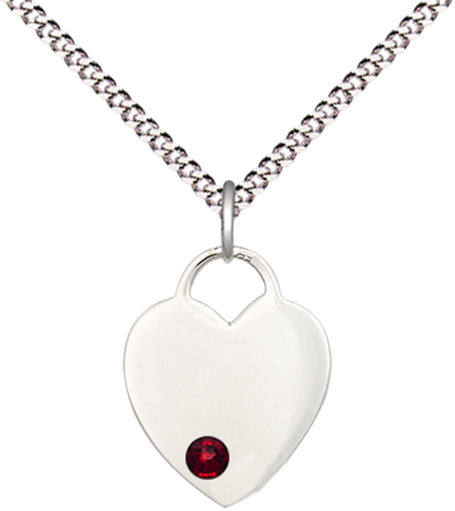Sterling Silver Heart Pendant with a 3mm Garnet Swarovski stone on a 18 inch Light Rhodium Light Curb chain