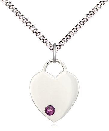 Sterling Silver Heart Pendant with a 3mm Amethyst Swarovski stone on a 18 inch Light Rhodium Light Curb chain