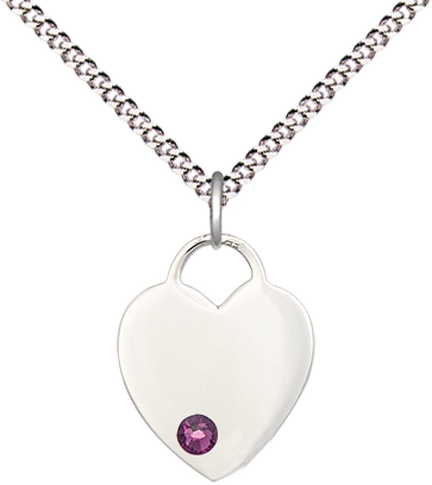 Sterling Silver Heart Pendant with a 3mm Amethyst Swarovski stone on a 18 inch Light Rhodium Light Curb chain