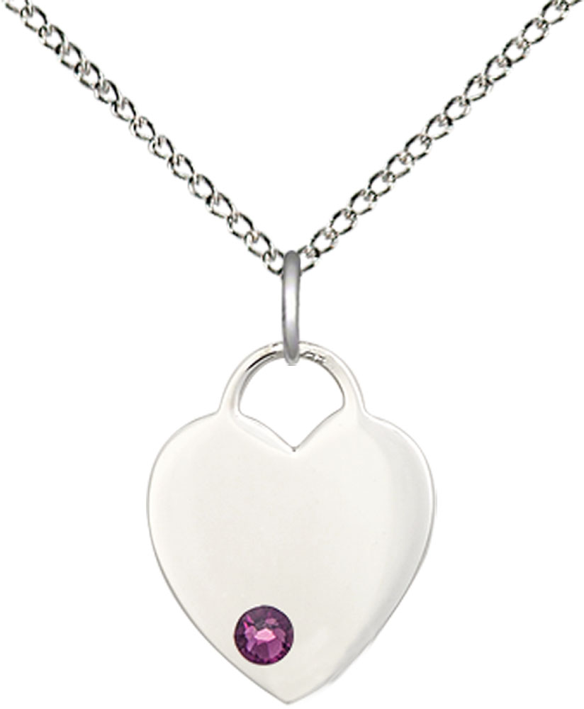 Sterling Silver Heart Pendant with a 3mm Amethyst Swarovski stone on a 18 inch Sterling Silver Light Curb chain